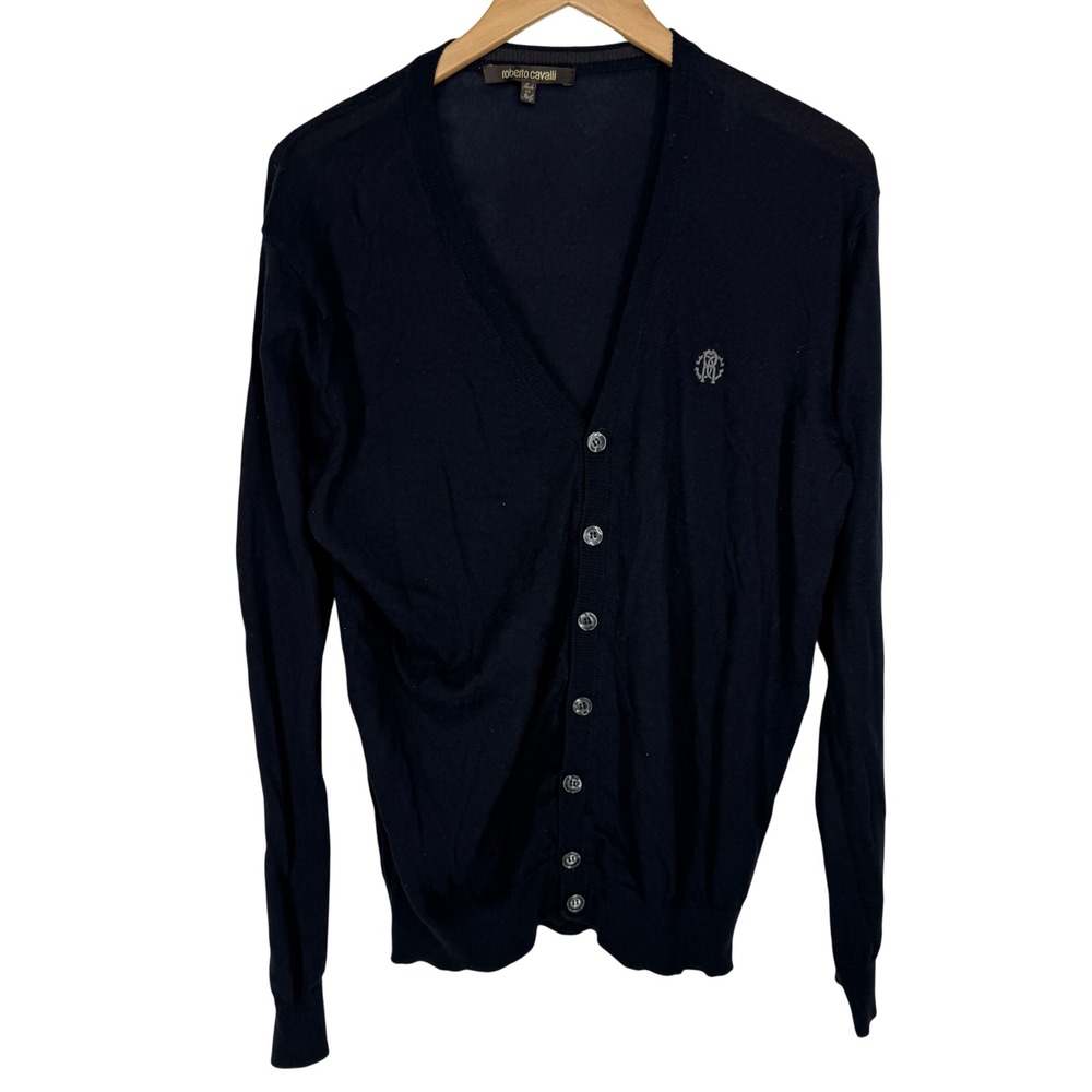 Roberto Cavalli Mens Black Cotton Cashmere Cardigan Sweater Embroidered Logo